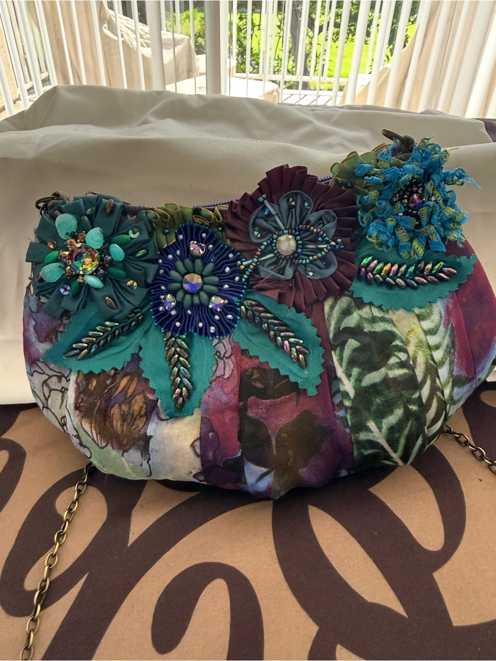 Mary Frances Floral Embellished Teal & Purple Women's Chain Shoulder Bag